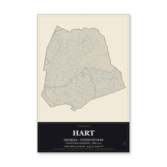 Hart County, Georgia Map Aluminum Sign in Museum Plaque style