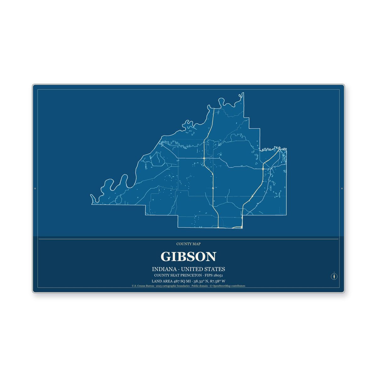 Gibson County, Indiana Map Aluminum Sign in Harbor Cobalt style