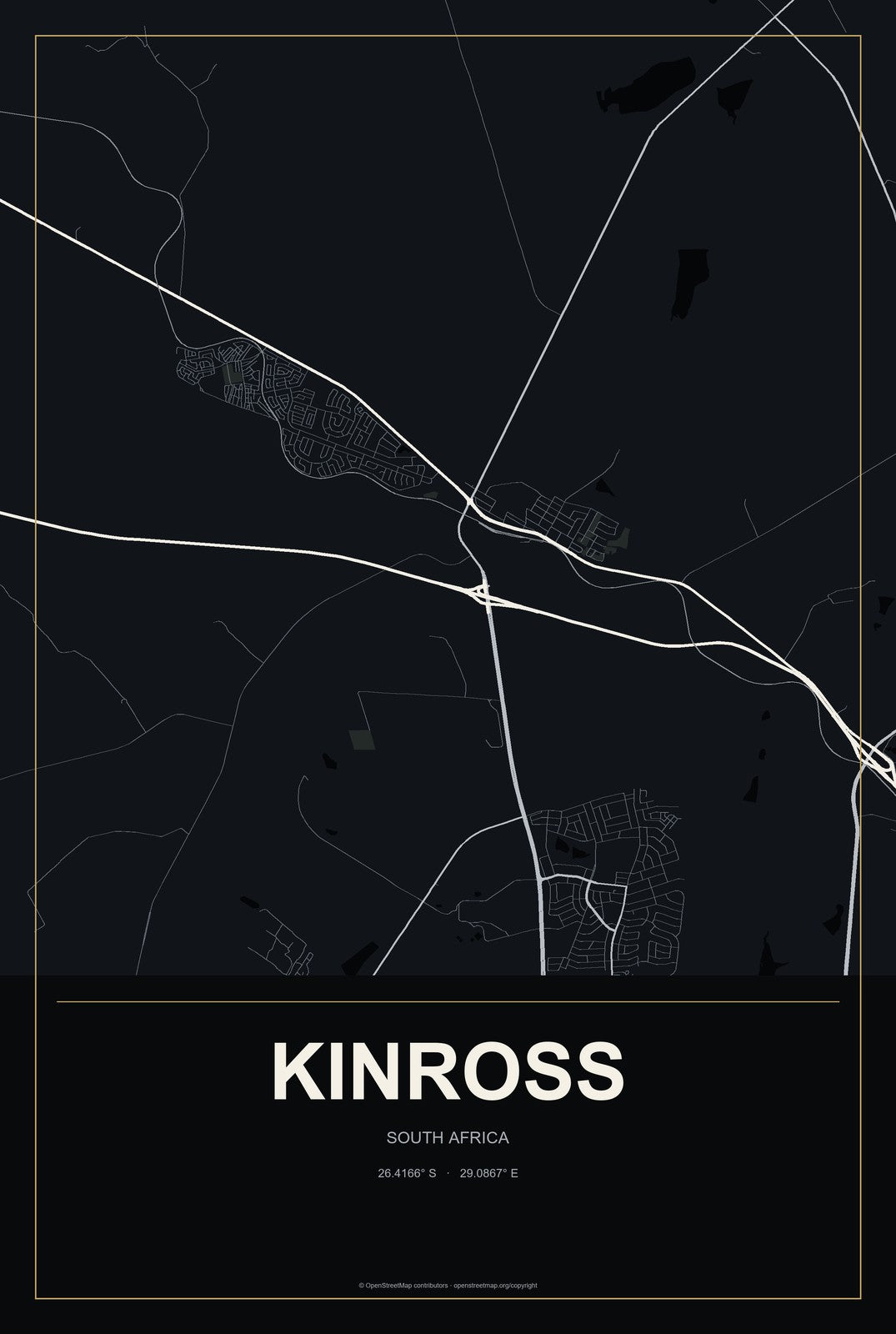 Kinross, South Africa City Map Aluminum Sign in Metropolitan Noir style