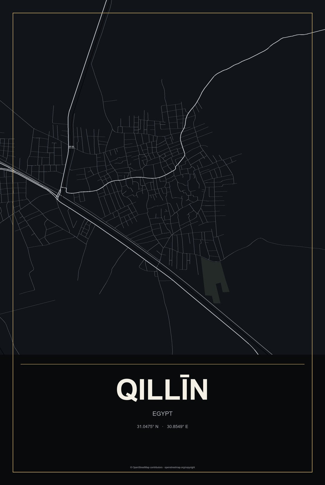 Qillīn, Egypt City Map Aluminum Sign in Metropolitan Noir style