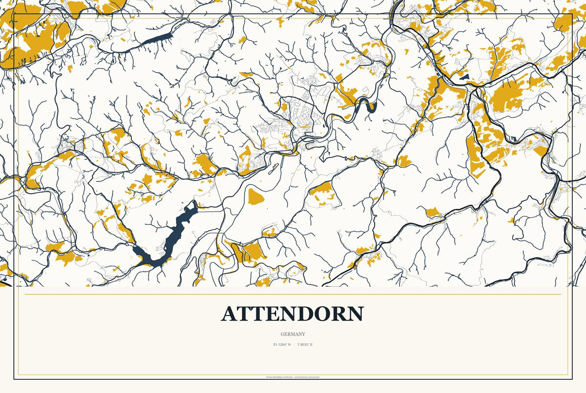 Attendorn, Germany City Map Aluminum Sign in Citrine Modern style