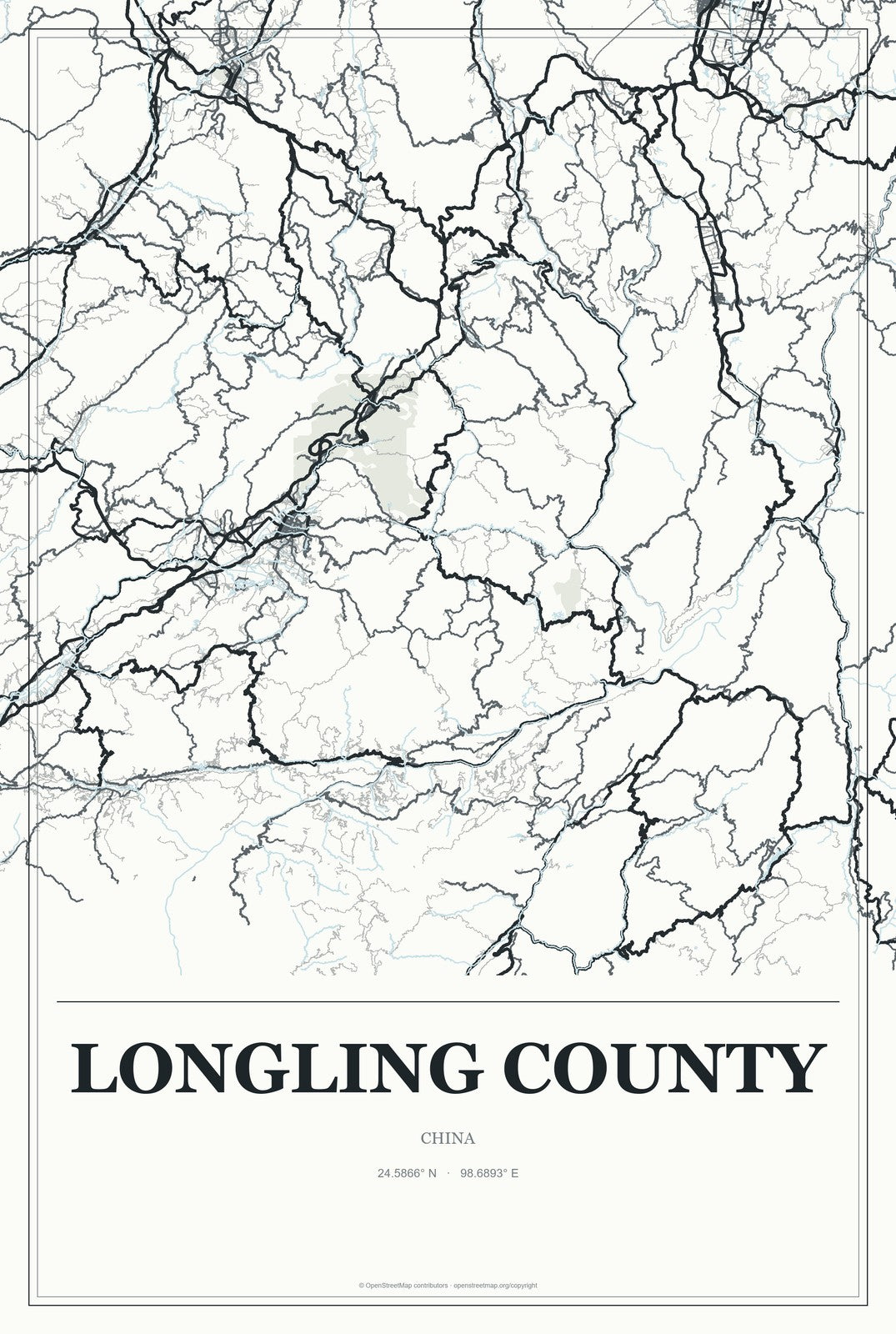 Longling County, China City Map Aluminum Sign in Gallery Air style