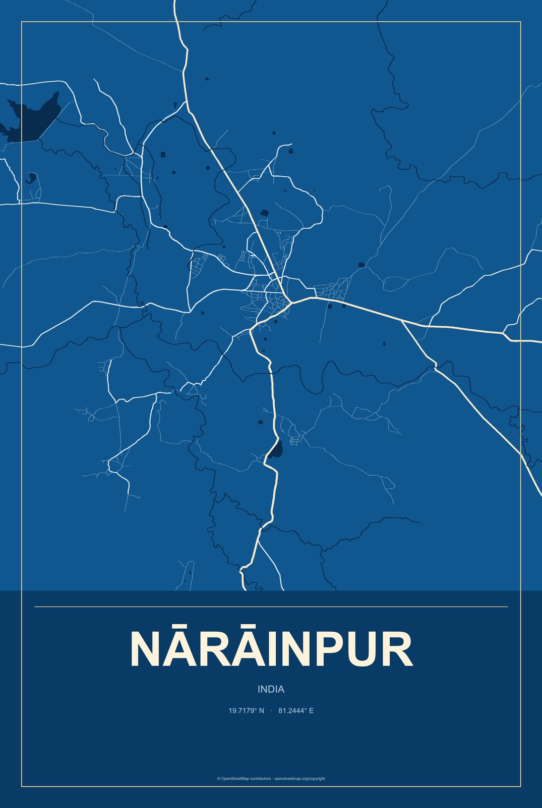 Nārāinpur, India City Map Aluminum Sign in Harbor Cobalt style