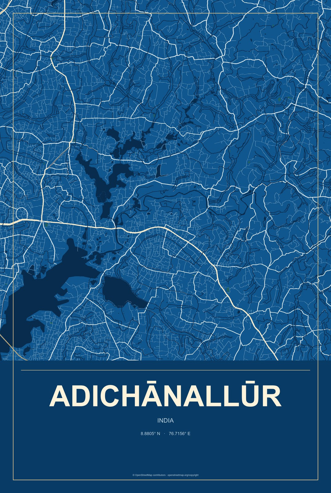 Adichānallūr, India City Map Aluminum Sign in Harbor Cobalt style