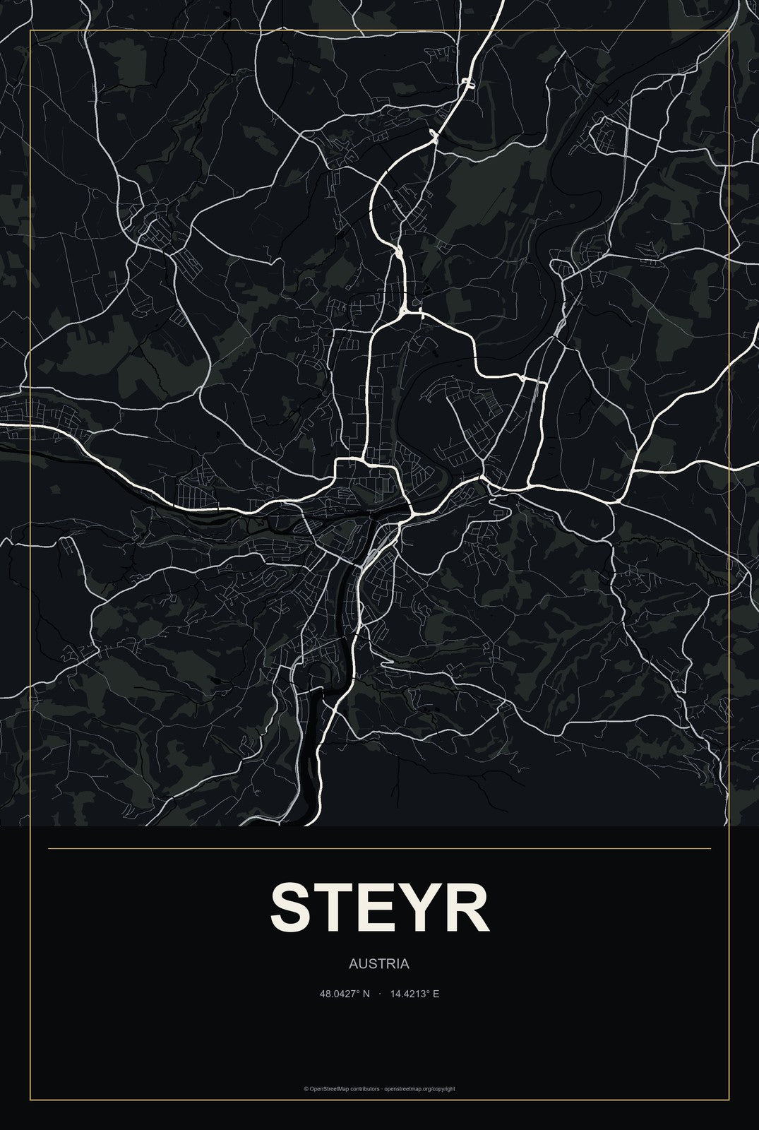 Steyr, Austria City Map Aluminum Sign in Metropolitan Noir style