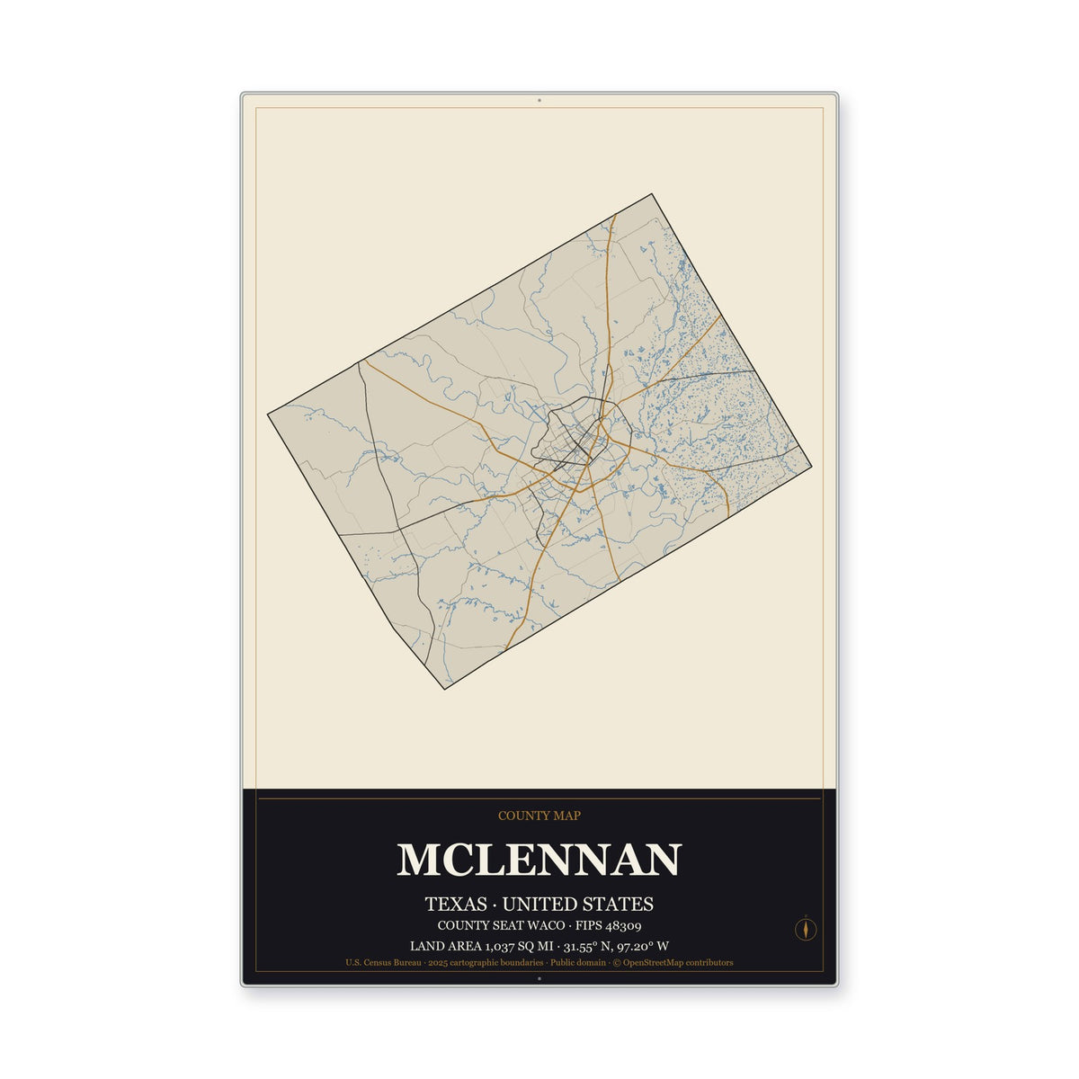 McLennan County, Texas Map Aluminum Sign in Museum Plaque style