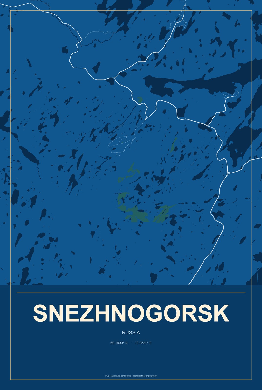 Snezhnogorsk, Russia City Map Aluminum Sign in Harbor Cobalt style