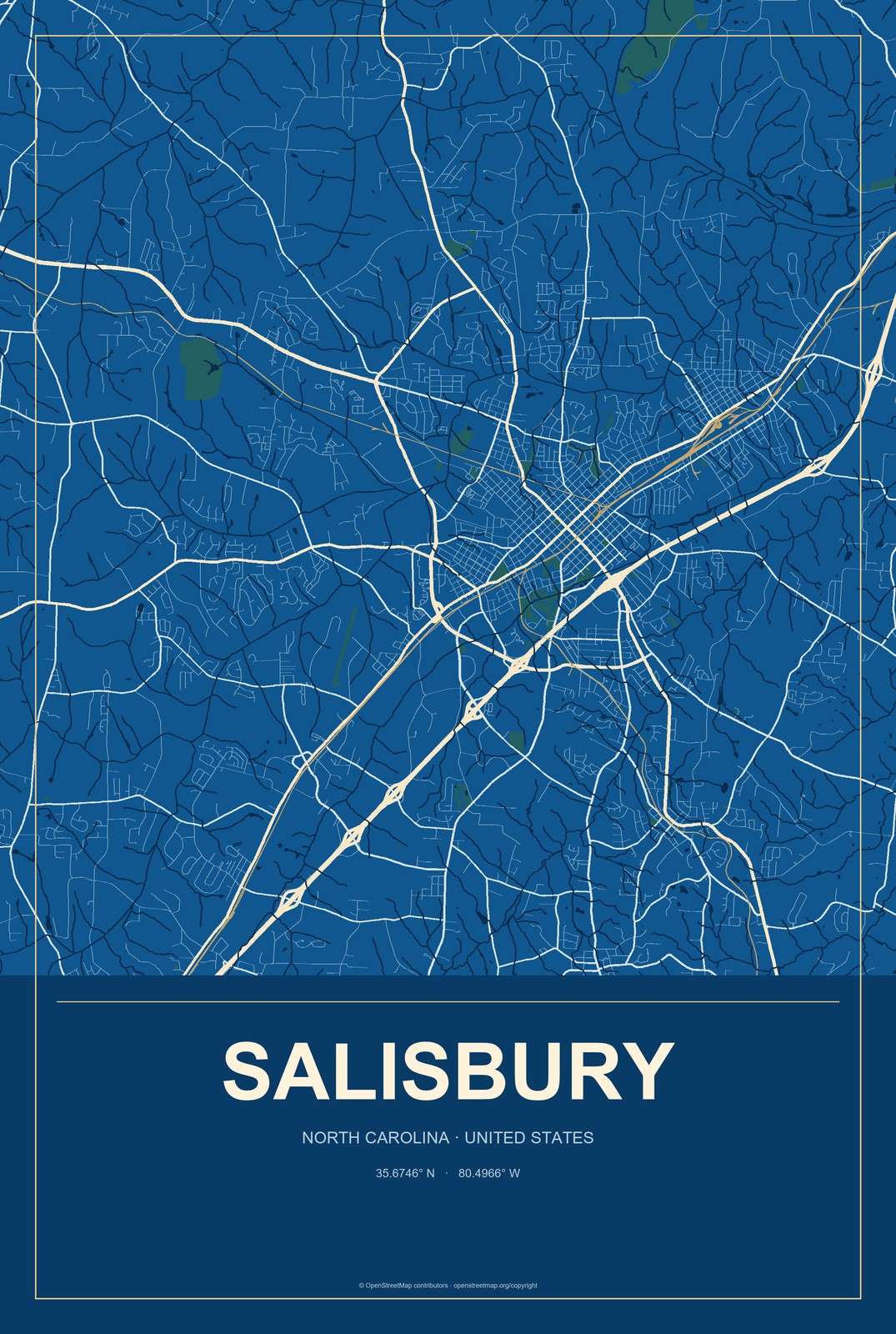 Salisbury, North Carolina City Map Aluminum Sign in Harbor Cobalt style
