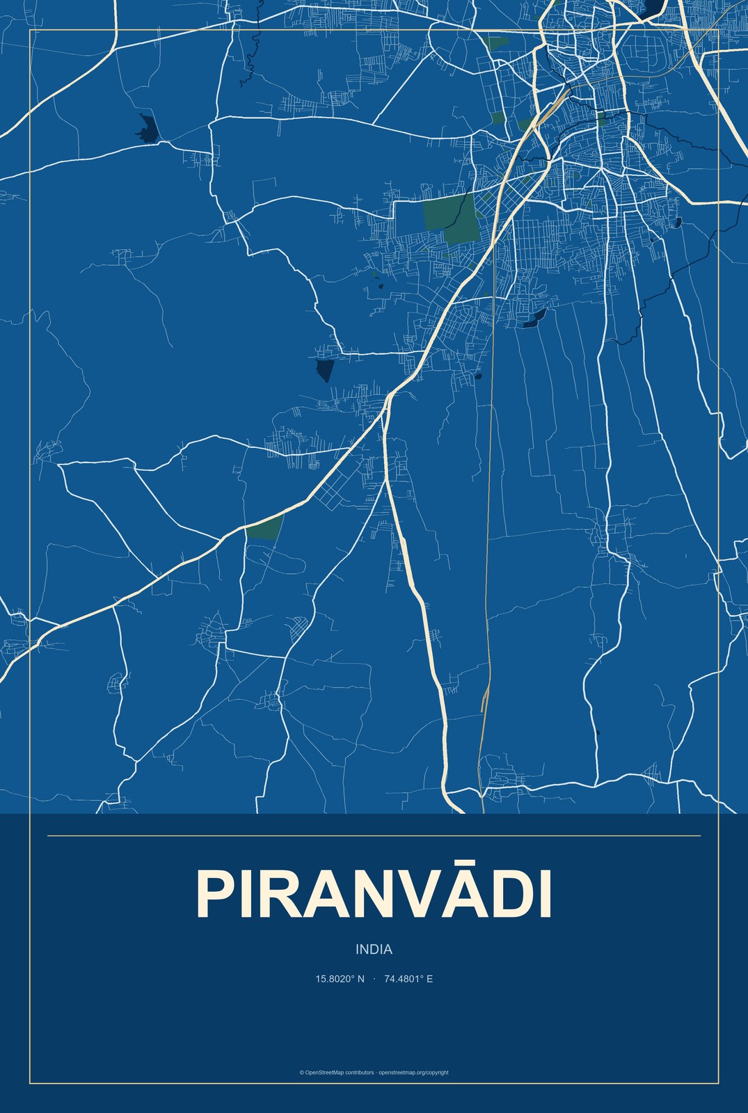 Piranvādi, India City Map Aluminum Sign in Harbor Cobalt style