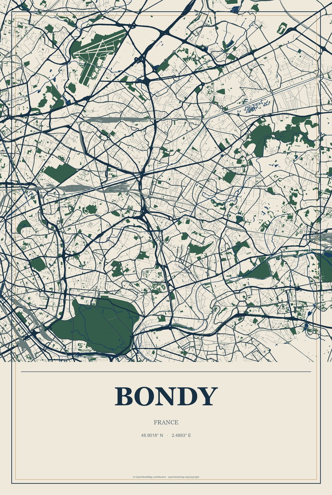 Bondy, France City Map Aluminum Sign in Coastal Cutout style