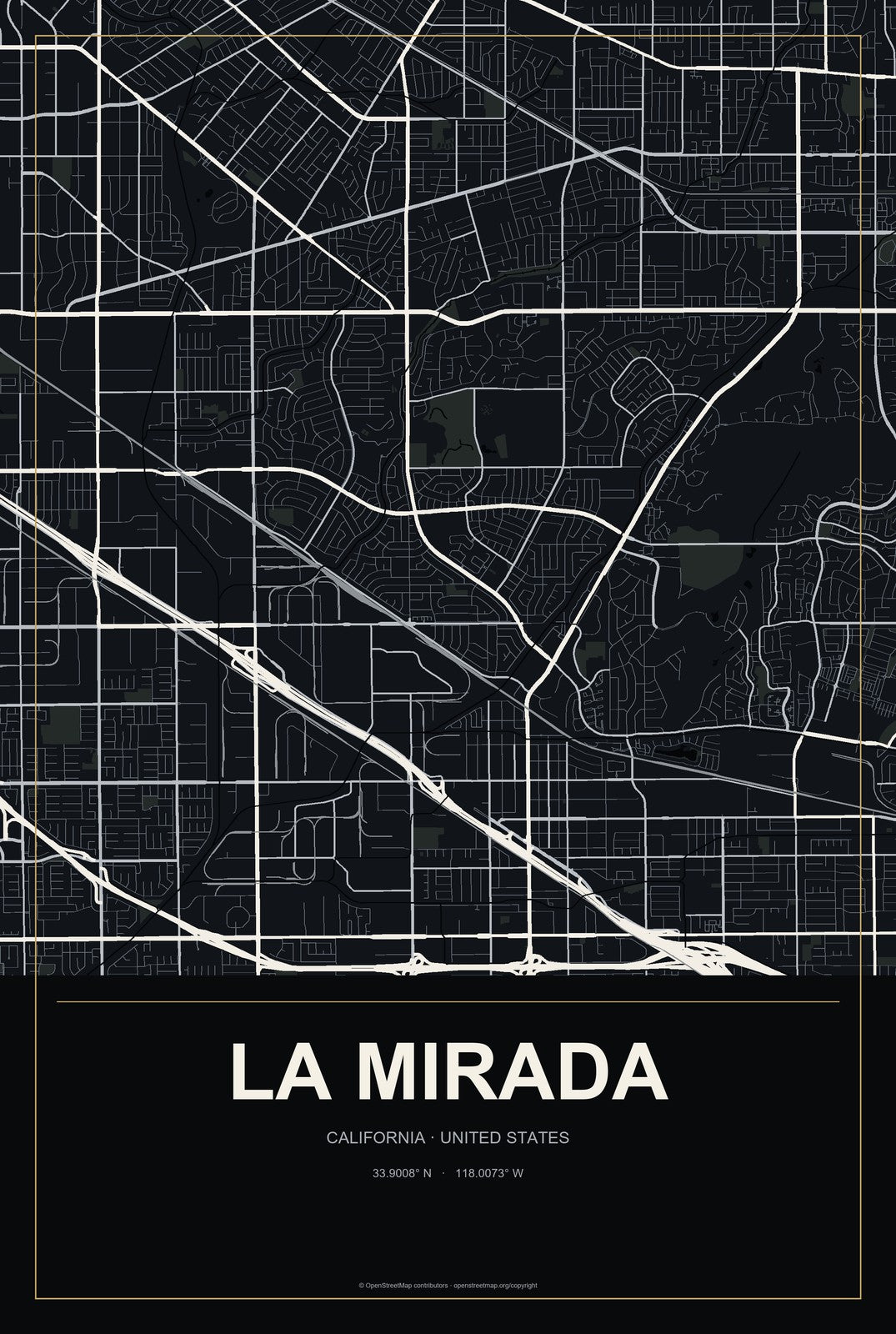 La Mirada, California City Map Aluminum Sign in Metropolitan Noir style