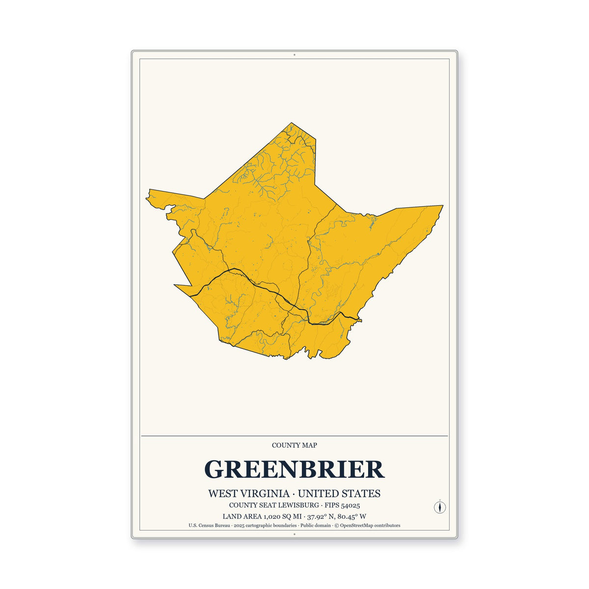 Greenbrier County, West Virginia Map Aluminum Sign in Citrine Modern style