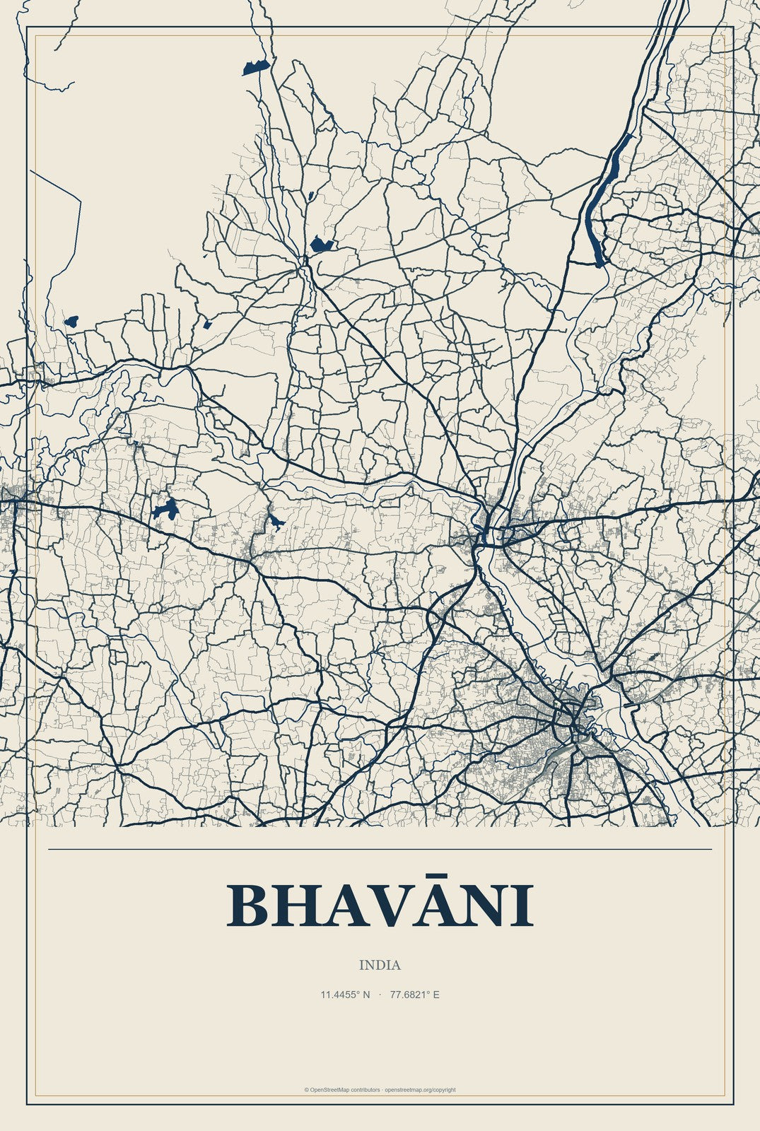 Bhavāni, India City Map Aluminum Sign in Coastal Cutout style