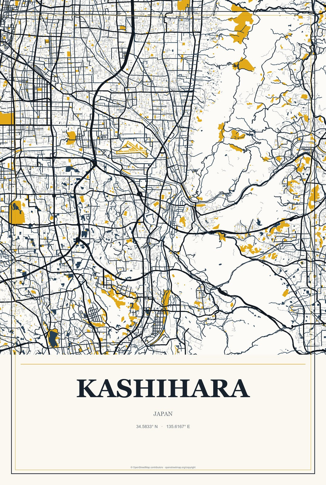 Kashihara, Japan City Map Aluminum Sign in Citrine Modern style