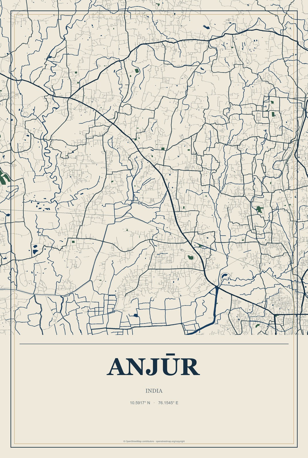 Anjūr, India City Map Aluminum Sign in Coastal Cutout style