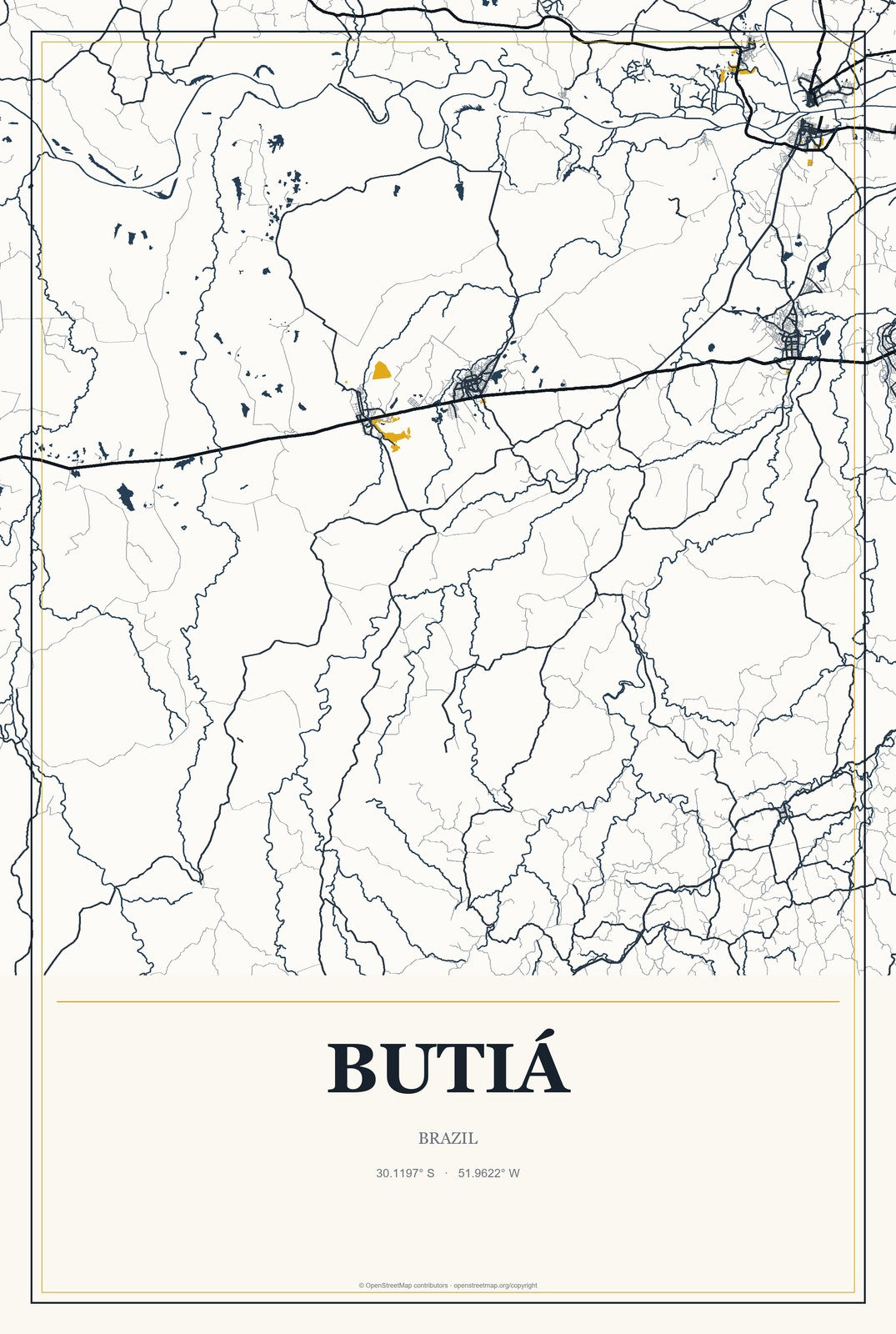 Butiá, Brazil City Map Aluminum Sign in Citrine Modern style