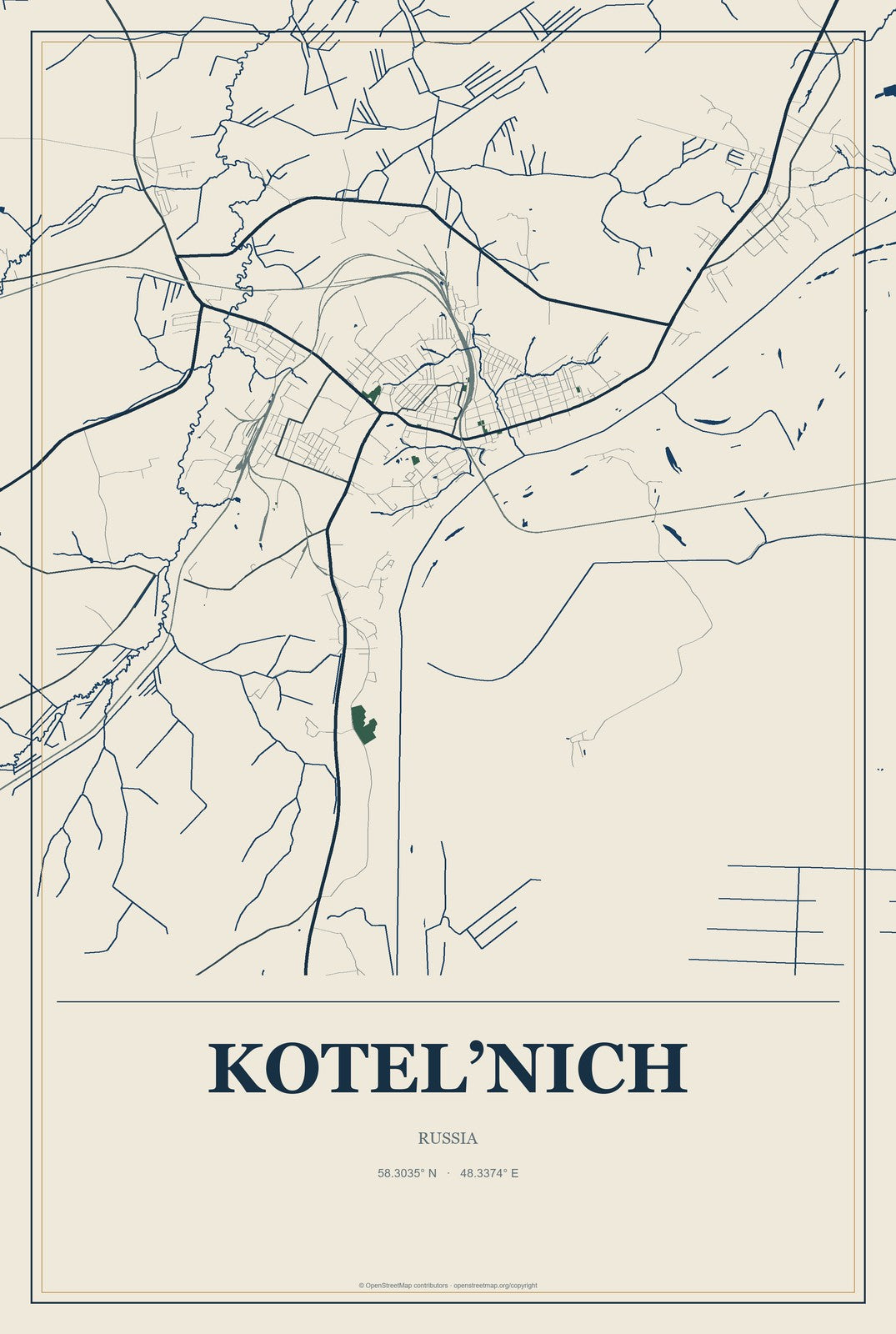 Kotel’nich, Russia City Map Aluminum Sign in Coastal Cutout style