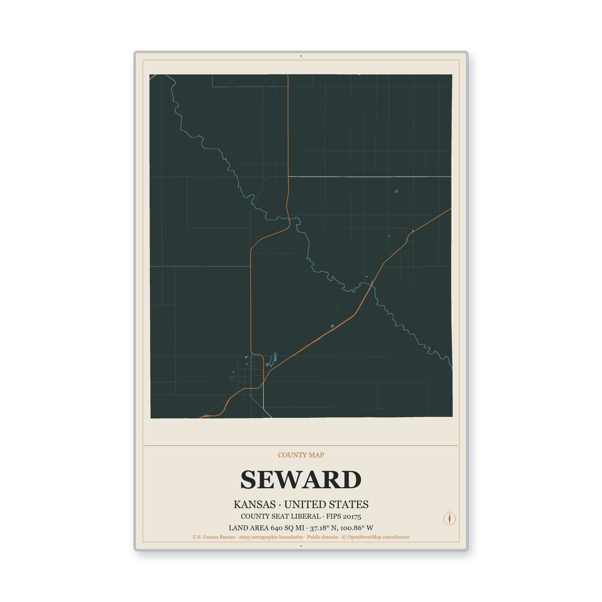 Seward County, Kansas Map Aluminum Sign in Headline Atlas style