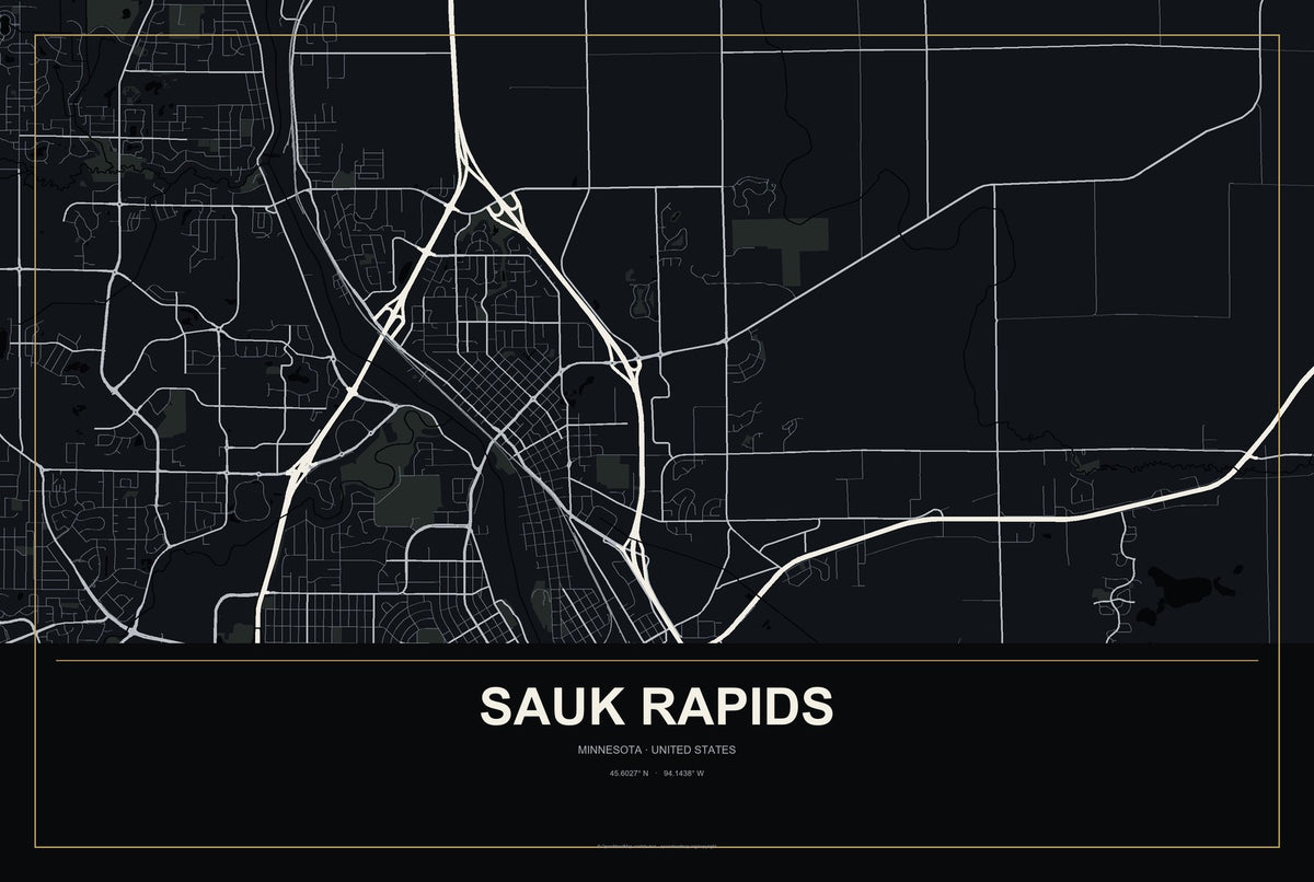 Sauk Rapids, Minnesota City Map Aluminum Sign in Metropolitan Noir style