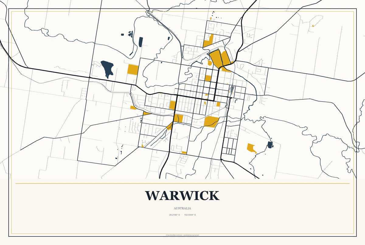 Warwick, Australia City Map Aluminum Sign in Citrine Modern style