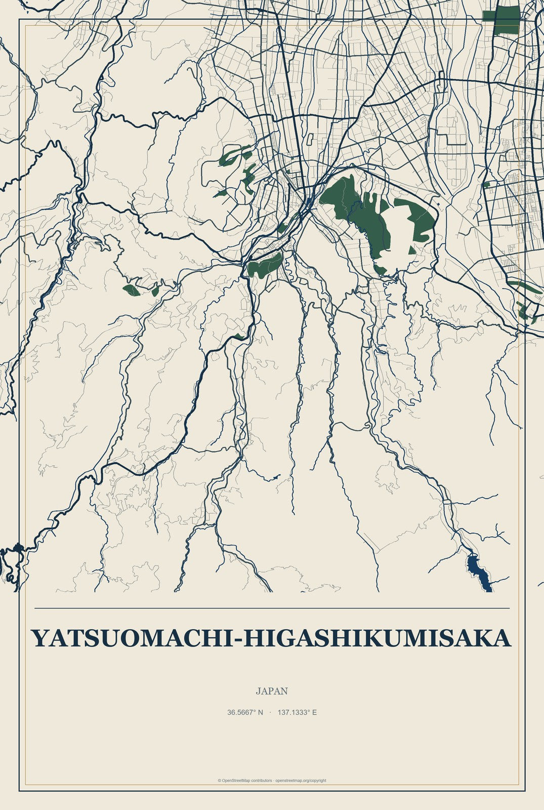 Yatsuomachi-higashikumisaka, Japan City Map Aluminum Sign in Coastal Cutout style