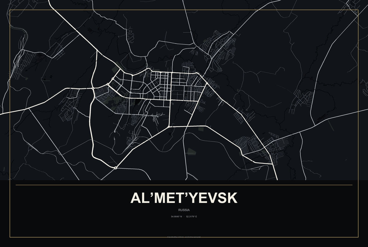 Al’met’yevsk, Russia City Map Aluminum Sign in Metropolitan Noir style