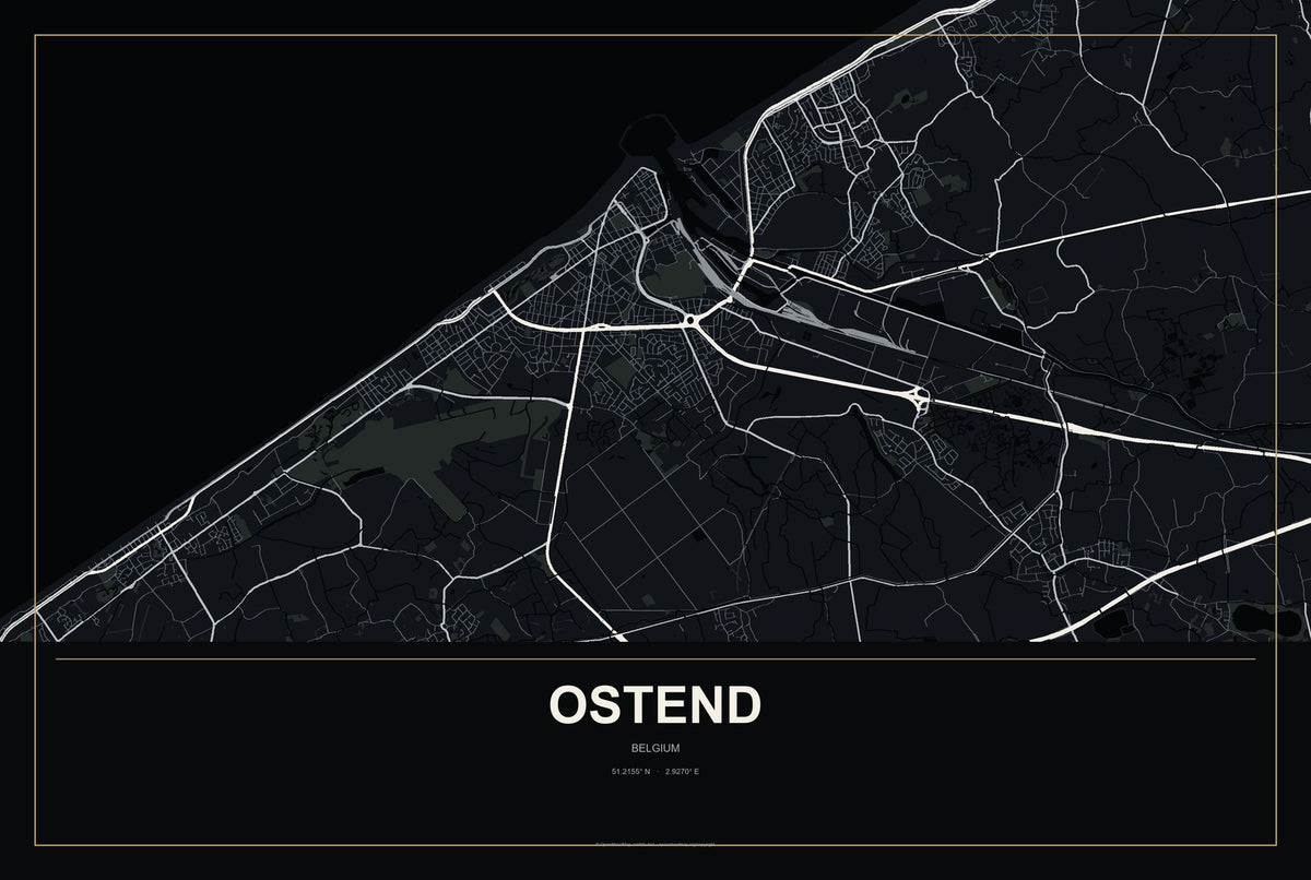 Ostend, Belgium City Map Aluminum Sign in Metropolitan Noir style