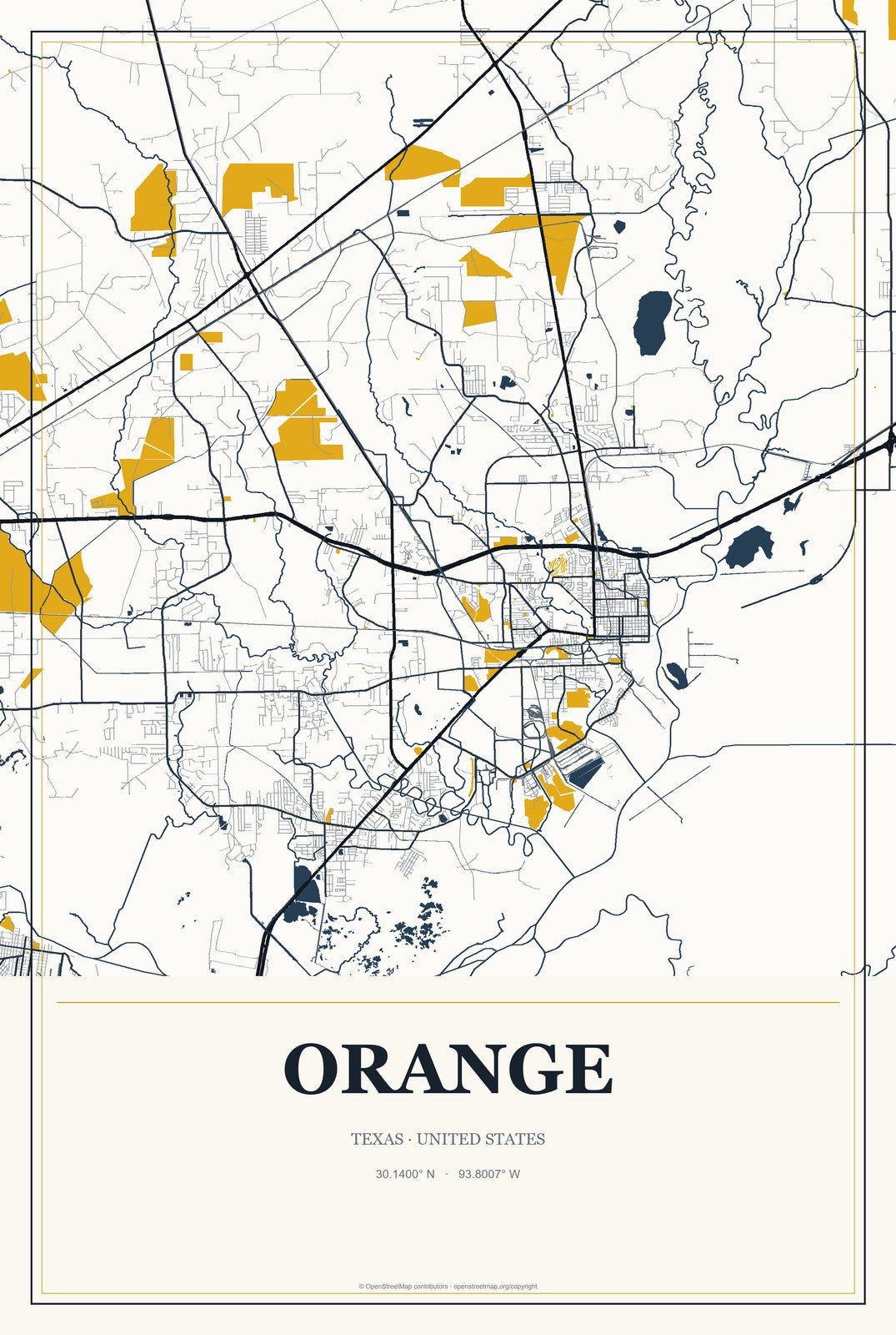 Orange, Texas City Map Aluminum Sign in Citrine Modern style