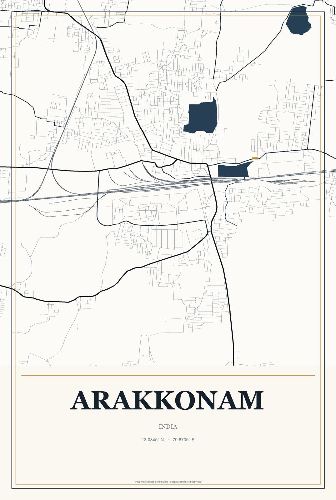 Arakkonam, India City Map Aluminum Sign in Citrine Modern style