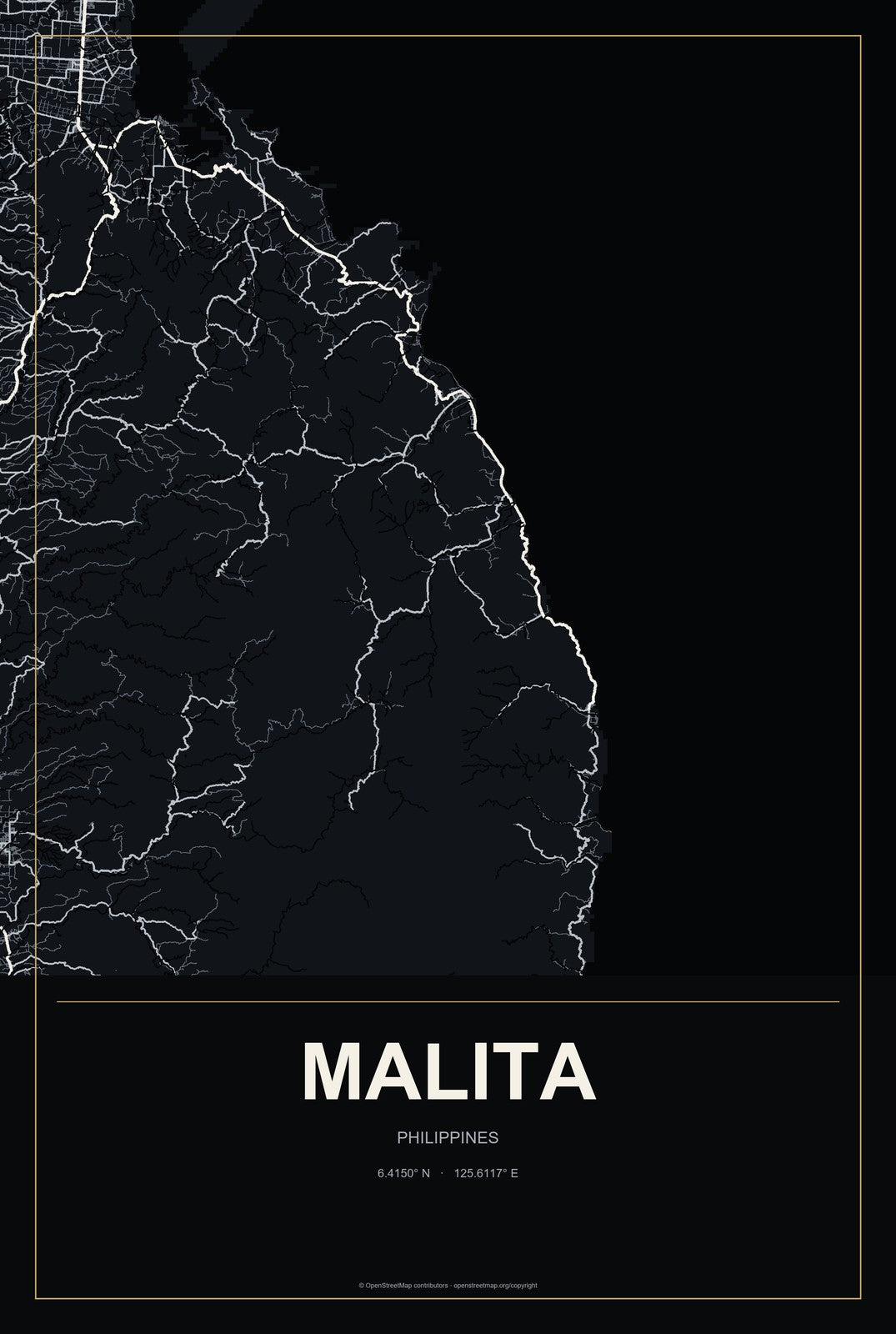 Malita, Philippines City Map Aluminum Sign in Metropolitan Noir style