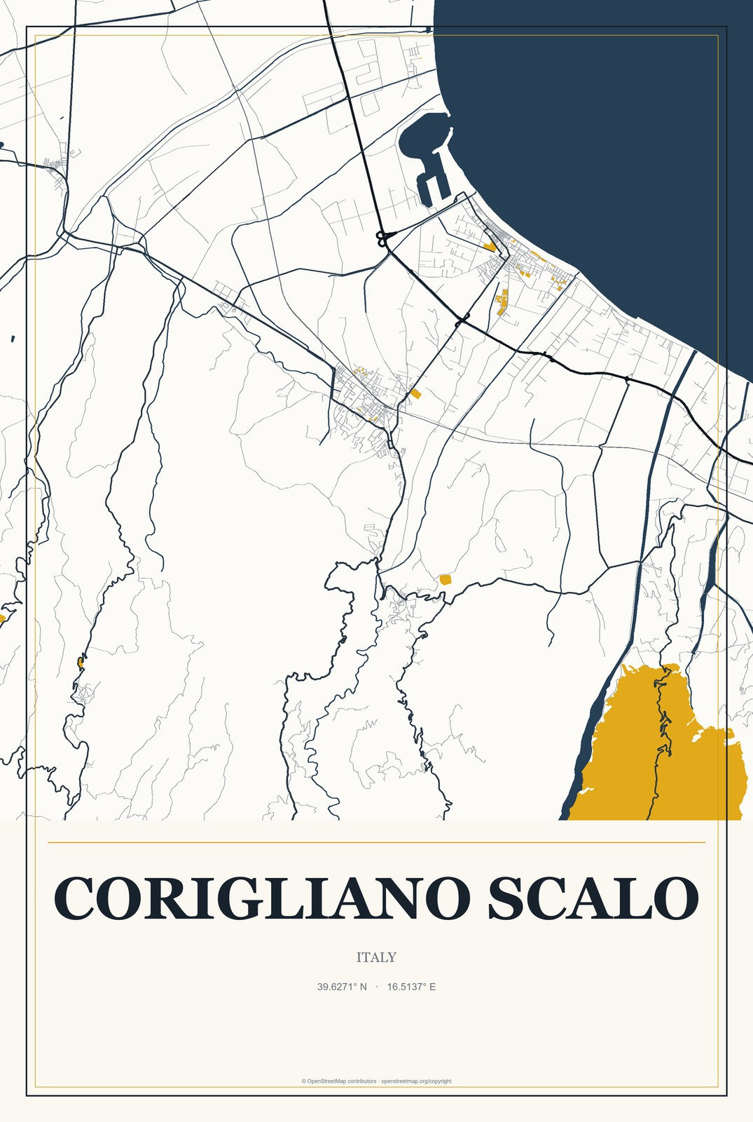 Corigliano Scalo, Italy City Map Aluminum Sign in Citrine Modern style