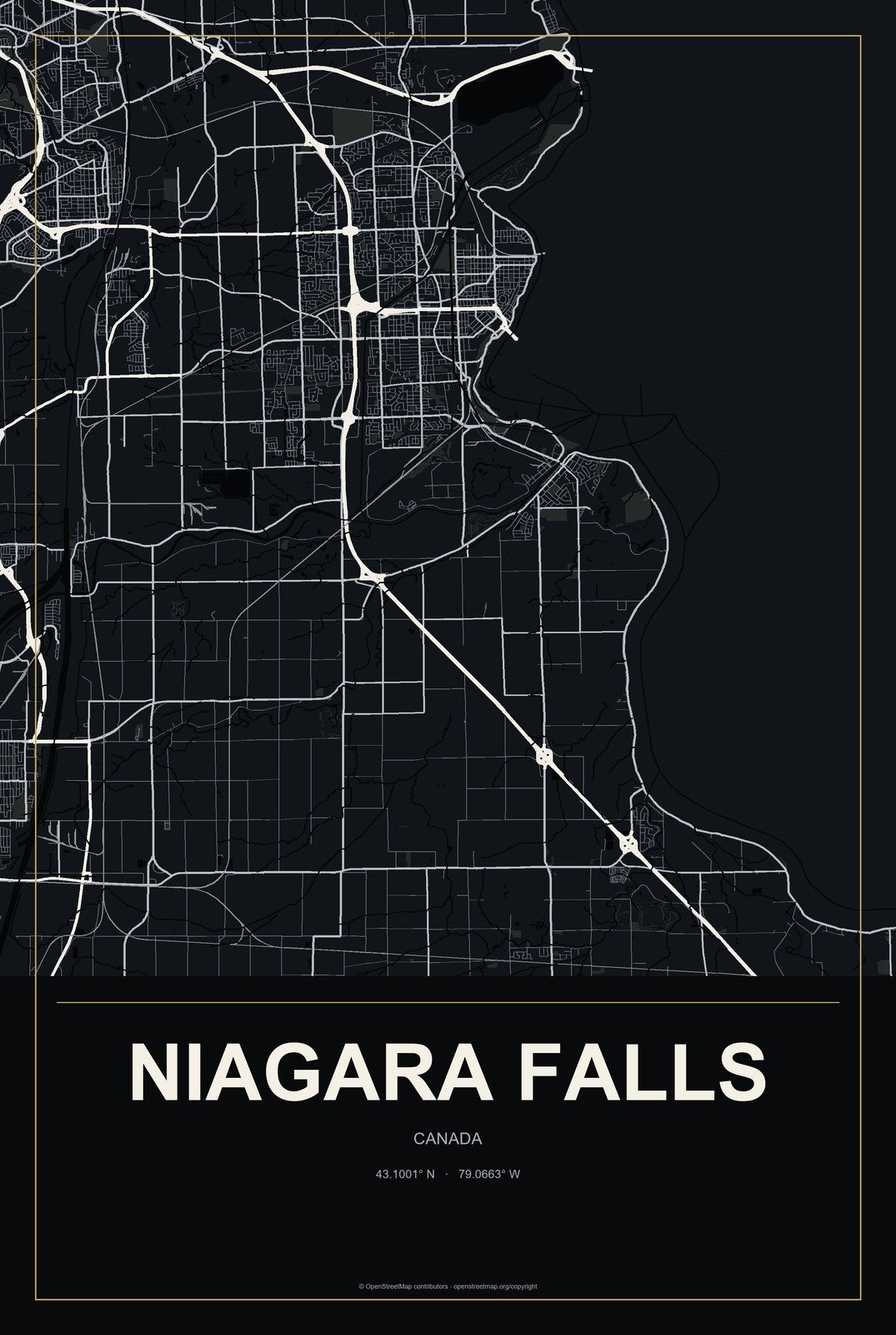 Niagara Falls, Canada City Map Aluminum Sign in Metropolitan Noir style