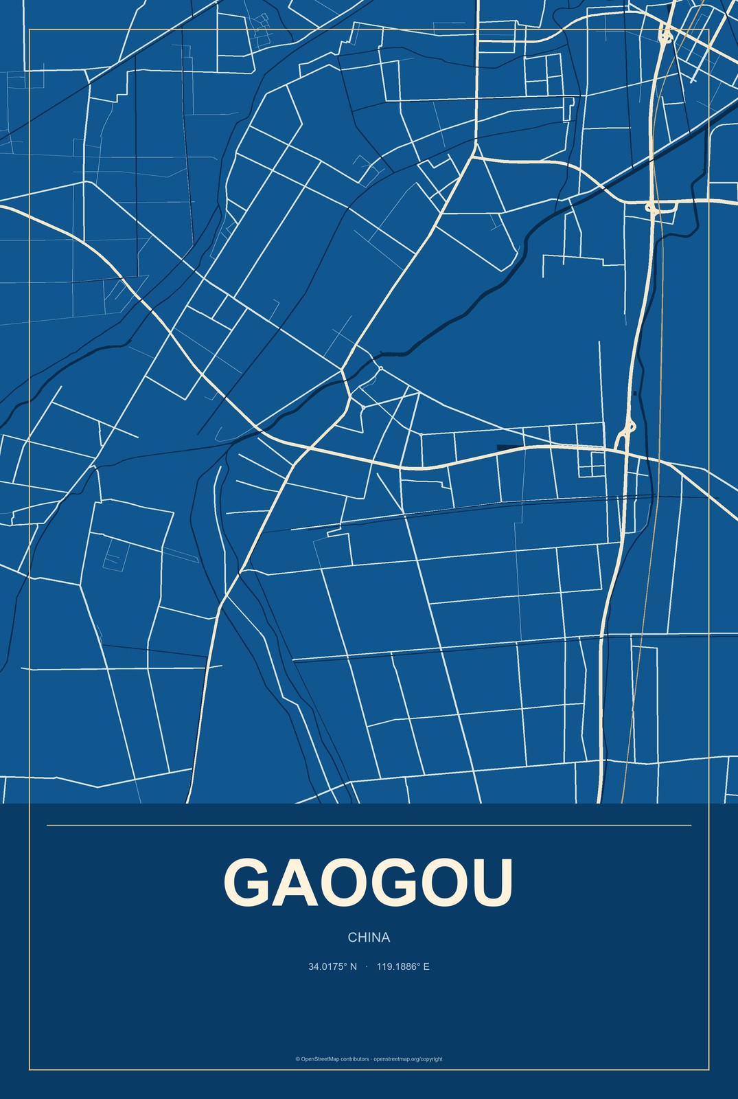Gaogou, China City Map Aluminum Sign in Harbor Cobalt style