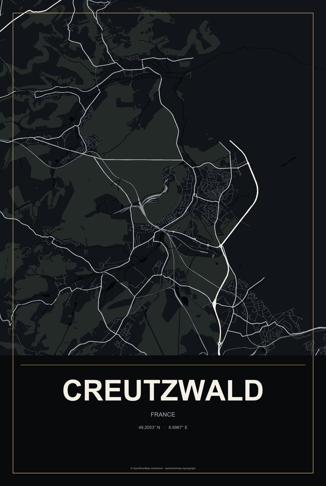 Creutzwald, France City Map Aluminum Sign in Metropolitan Noir style