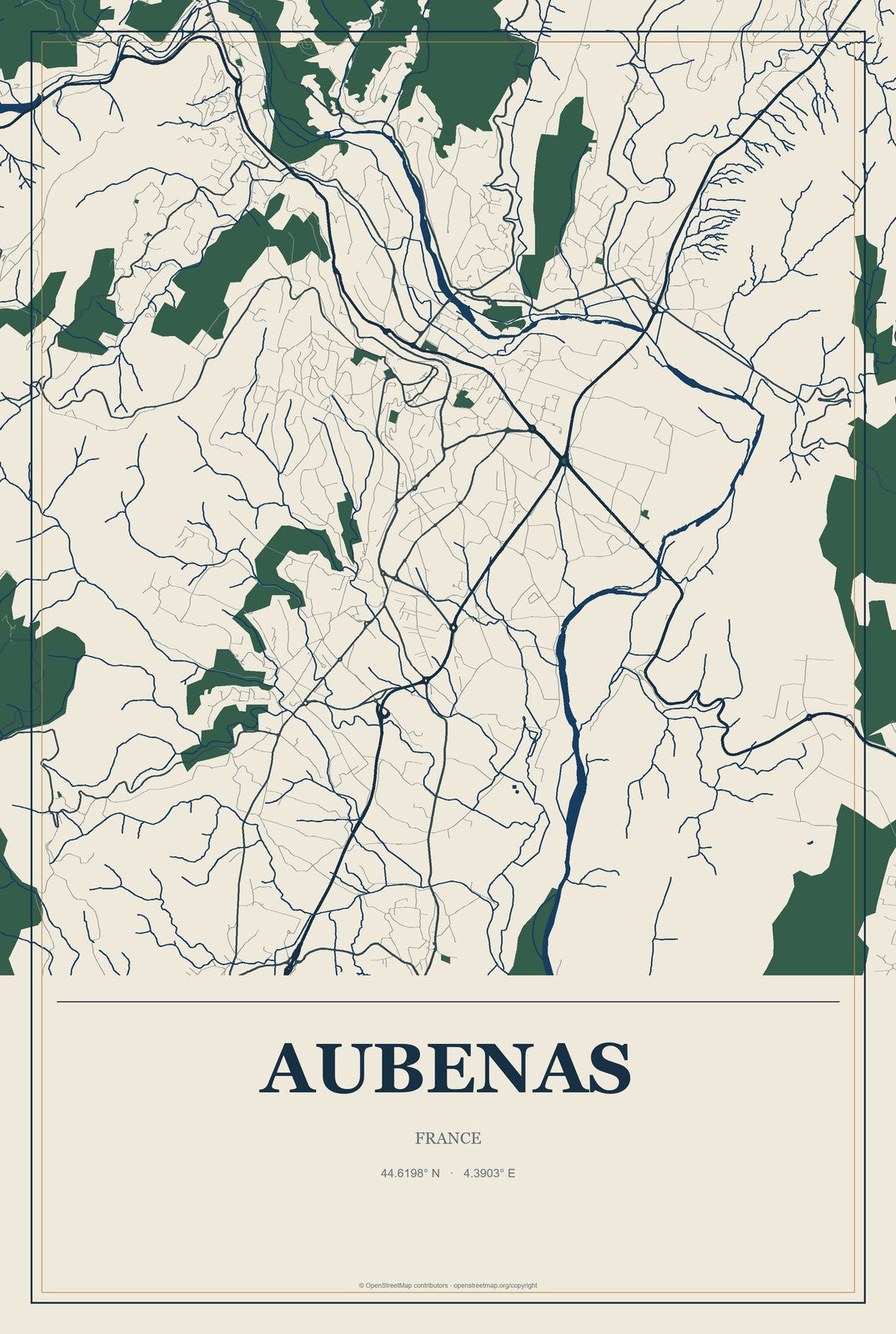 Aubenas, France City Map Aluminum Sign in Coastal Cutout style