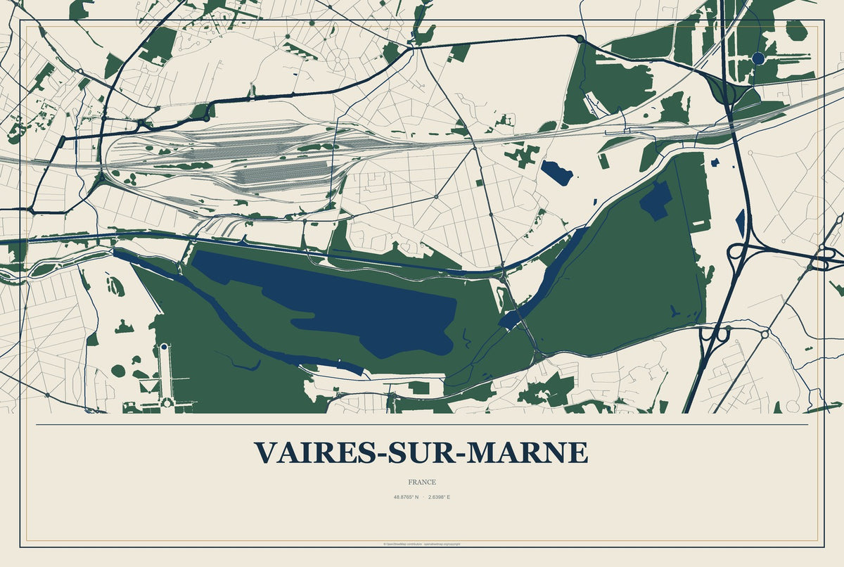 Vaires-sur-Marne, France City Map Aluminum Sign in Coastal Cutout style