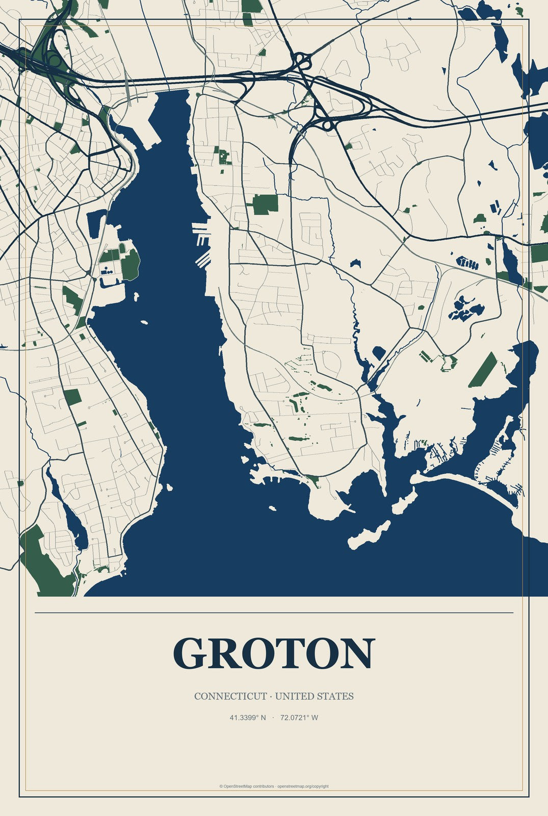 Groton, Connecticut City Map Aluminum Sign in Coastal Cutout style
