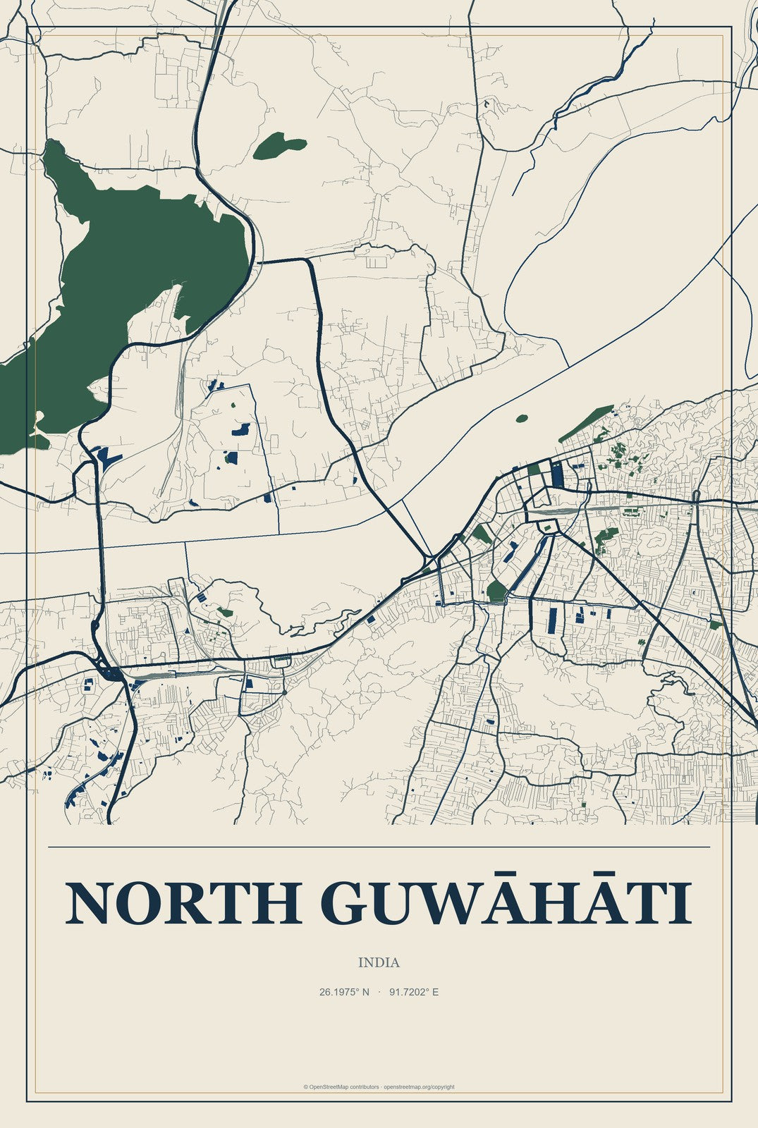 North Guwāhāti, India City Map Aluminum Sign in Coastal Cutout style