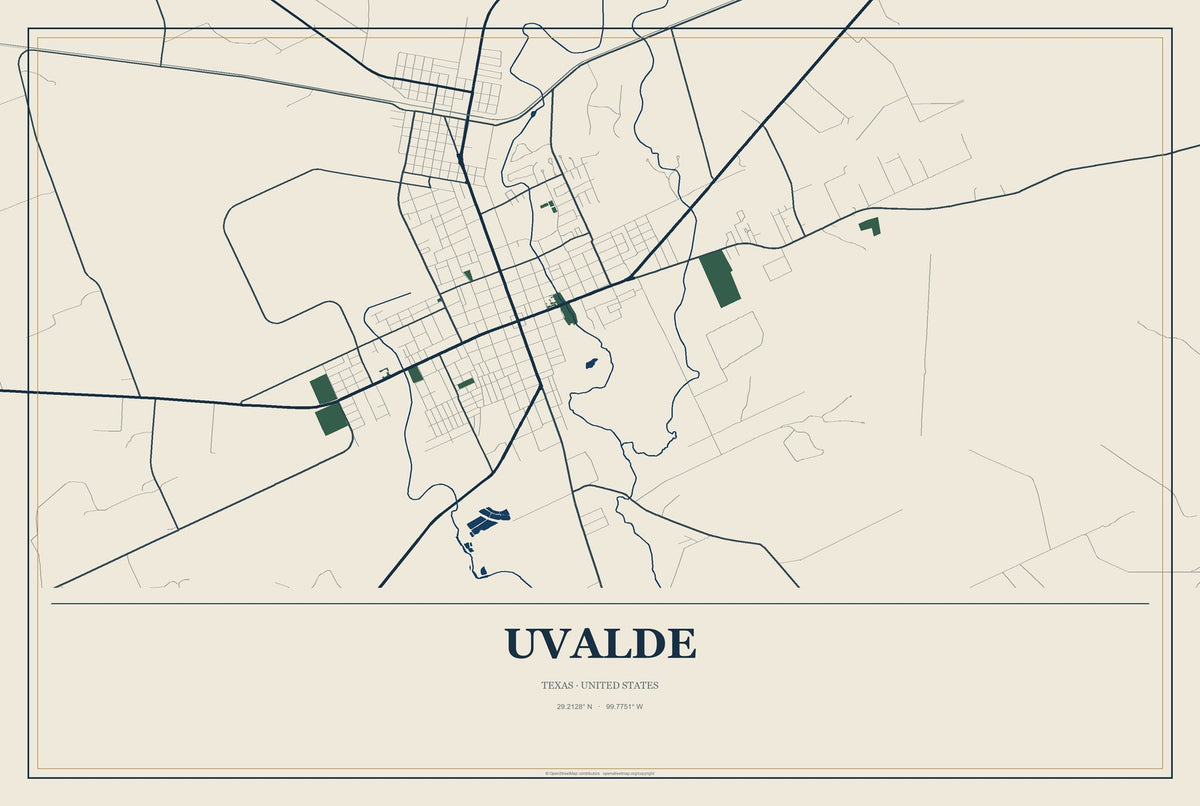 Uvalde, Texas City Map Aluminum Sign in Coastal Cutout style