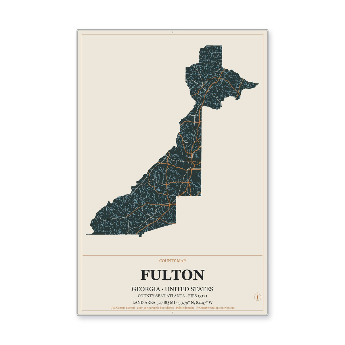 Fulton County, Georgia Map Aluminum Sign in Headline Atlas style