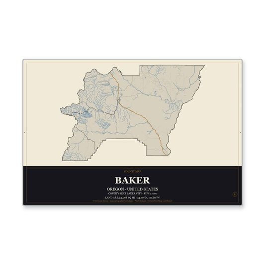 Baker County, Oregon Map Aluminum Sign in Museum Plaque style