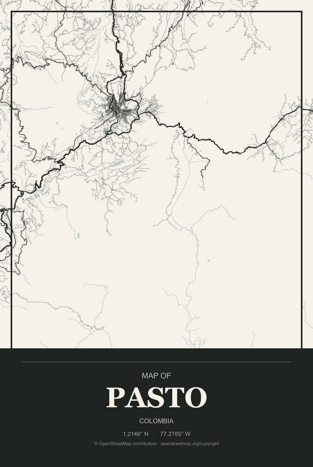 Pasto, Colombia City Map Aluminum Sign in Museum Plaque style