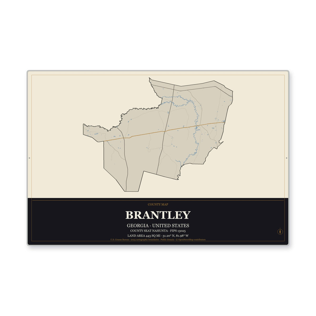 Brantley County, Georgia Map Aluminum Sign in Museum Plaque style