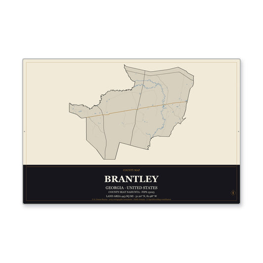 Brantley County, Georgia Map Aluminum Sign in Museum Plaque style