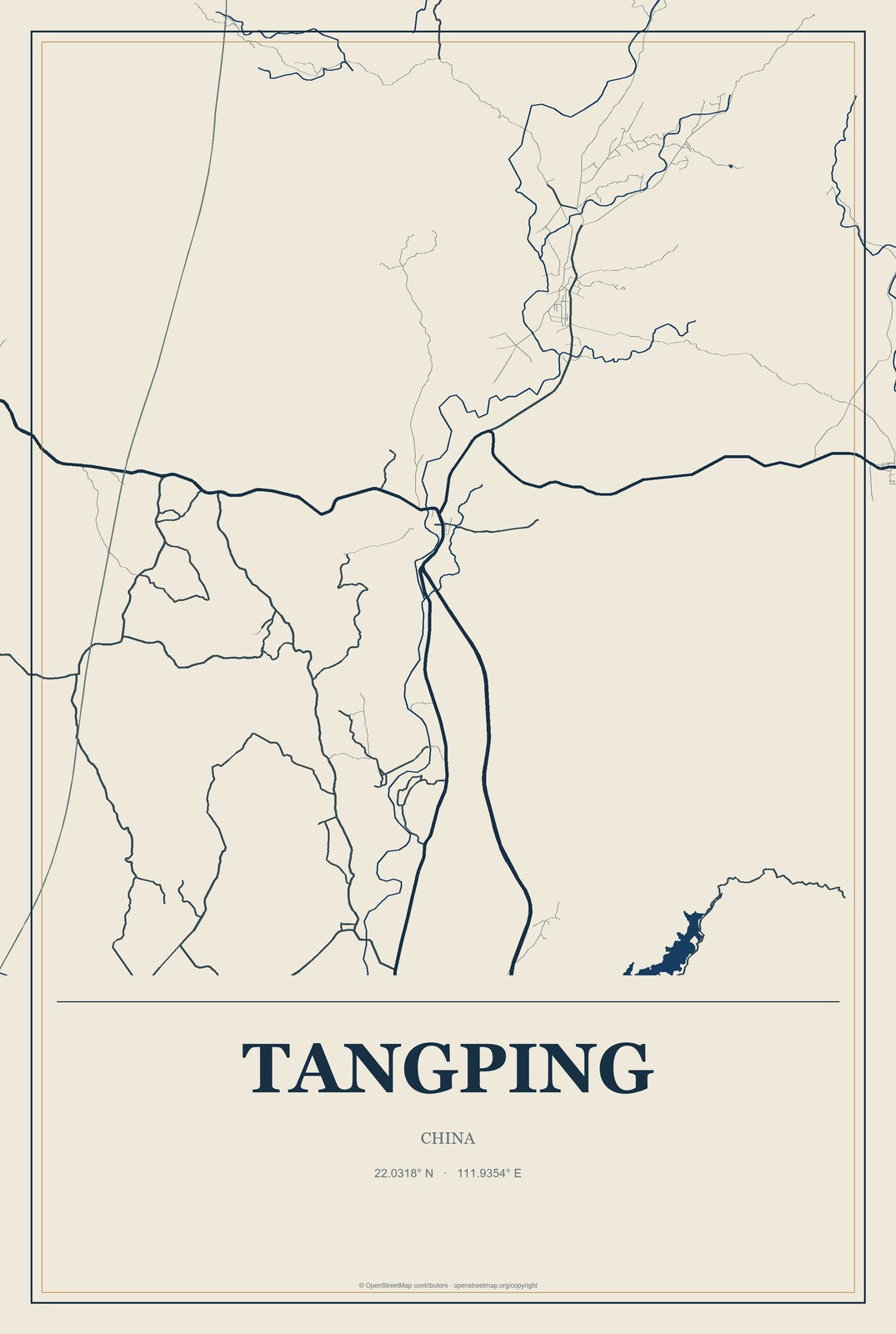 Tangping, China City Map Aluminum Sign in Coastal Cutout style