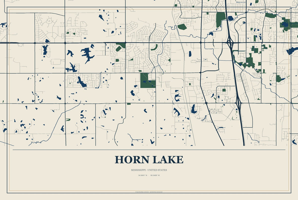 Horn Lake, Mississippi City Map Aluminum Sign in Coastal Cutout style