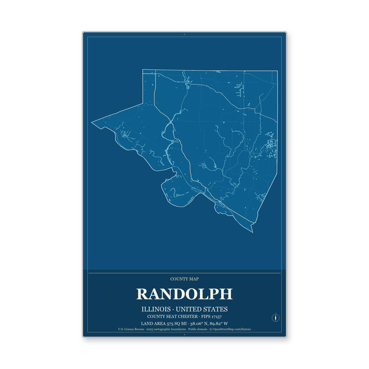 Randolph County, Illinois Map Aluminum Sign in Harbor Cobalt style