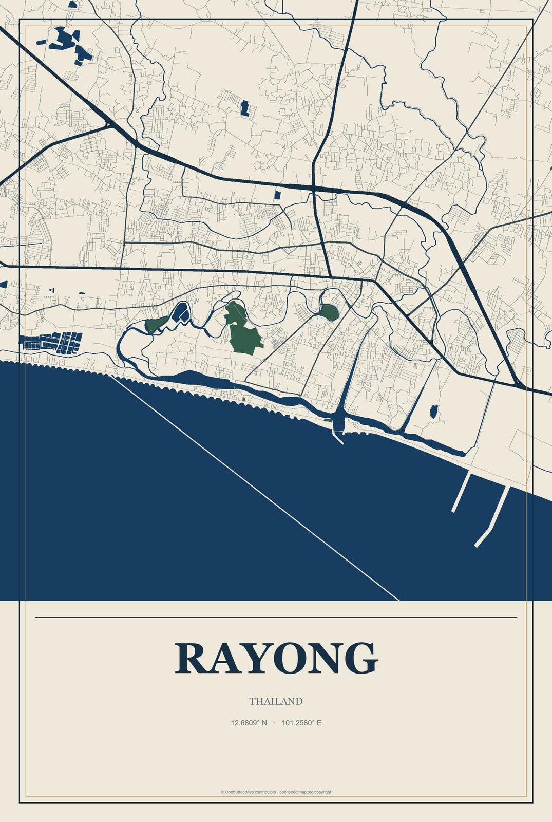 Rayong, Thailand City Map Aluminum Sign in Coastal Cutout style