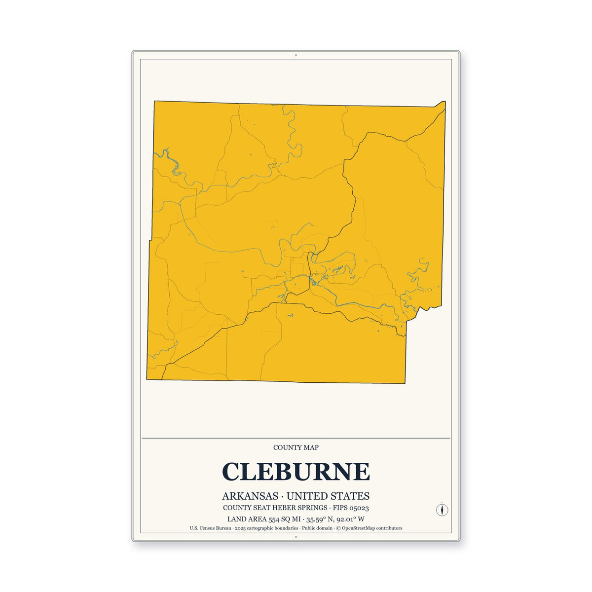 Cleburne County, Arkansas Map Aluminum Sign in Citrine Modern style