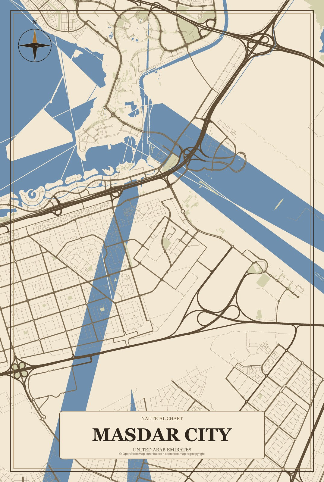 Masdar City, United Arab Emirates City Map Aluminum Sign in Heritage Nautical style